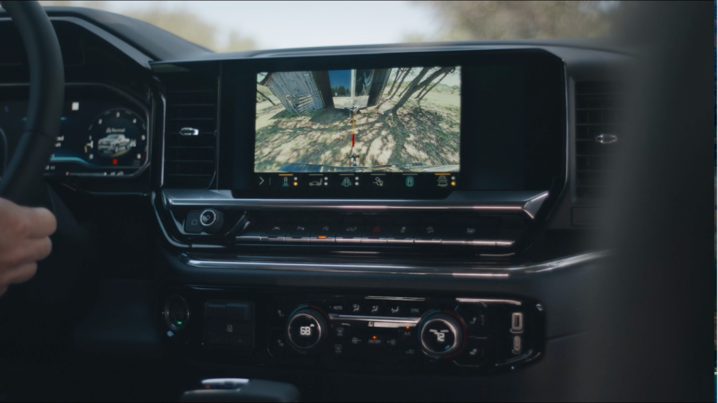 Infotainment screen showing Chevrolet's Advanced Trailering System and multiple camera views