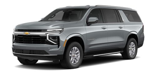 Front three quarters view of Chevrolet Suburban SUV 2025 in Sterling Grey Metallic