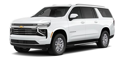 Front three quarters view of Chevrolet Suburban SUV 2025 in Summit White