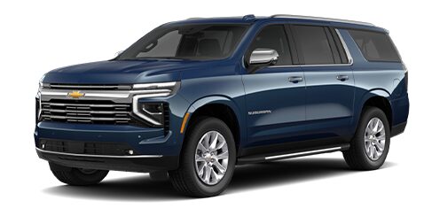 Front three quarters view of Chevrolet Suburban SUV 2025 in Lakeshore Blue Metallic