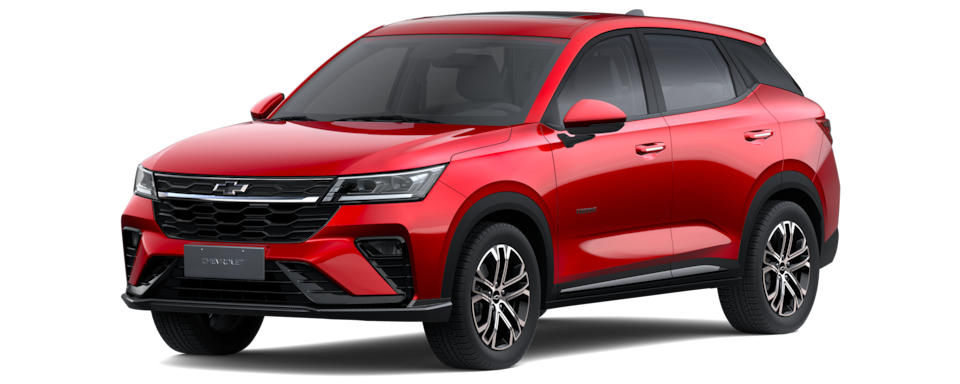 Transparent image of a Front Three Quarters of a Glazed Red 2026 Chevrolet Groove