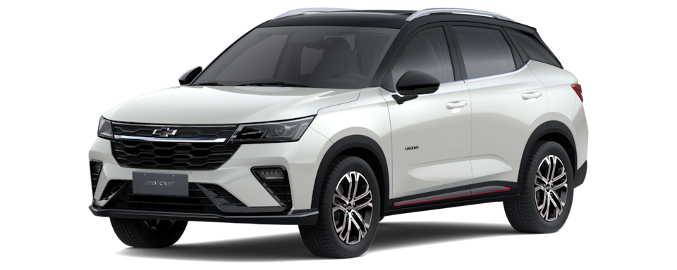 Transparent image of a Front Three Quarters of a Pearl White 2026 Chevrolet Groove with a Black Roof