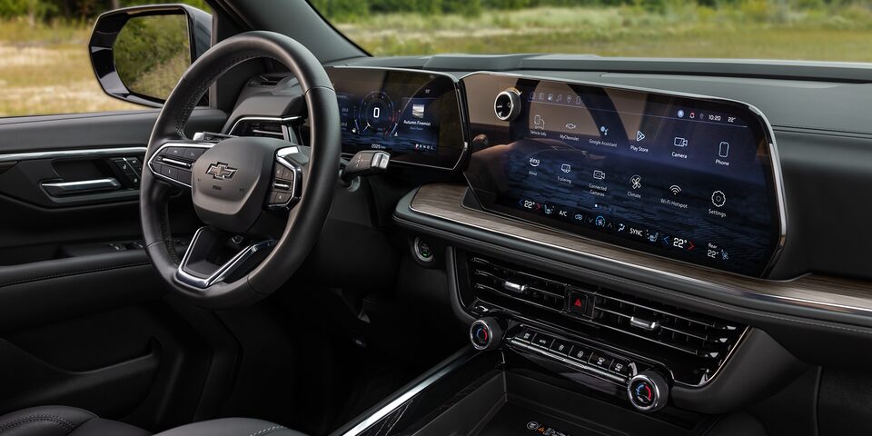 Close-up of the 2025 Chevy Tahoe Infotainment System Displaying the Vehicle's Tire Pressures