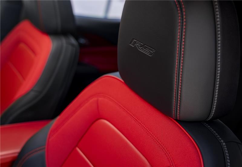 Close up shot of 2025 Equinox EV Interior Seats in Adrenaline Red and Jet Black