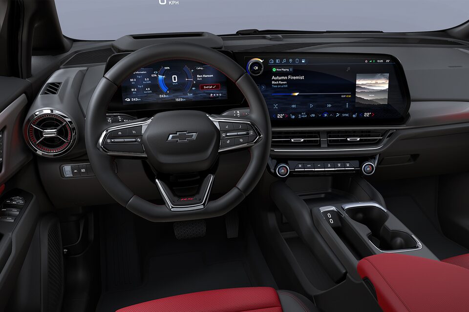 Driver’s Seat View of the Steering Wheel and Display Monitor of 2025 Chevy Equinox EV