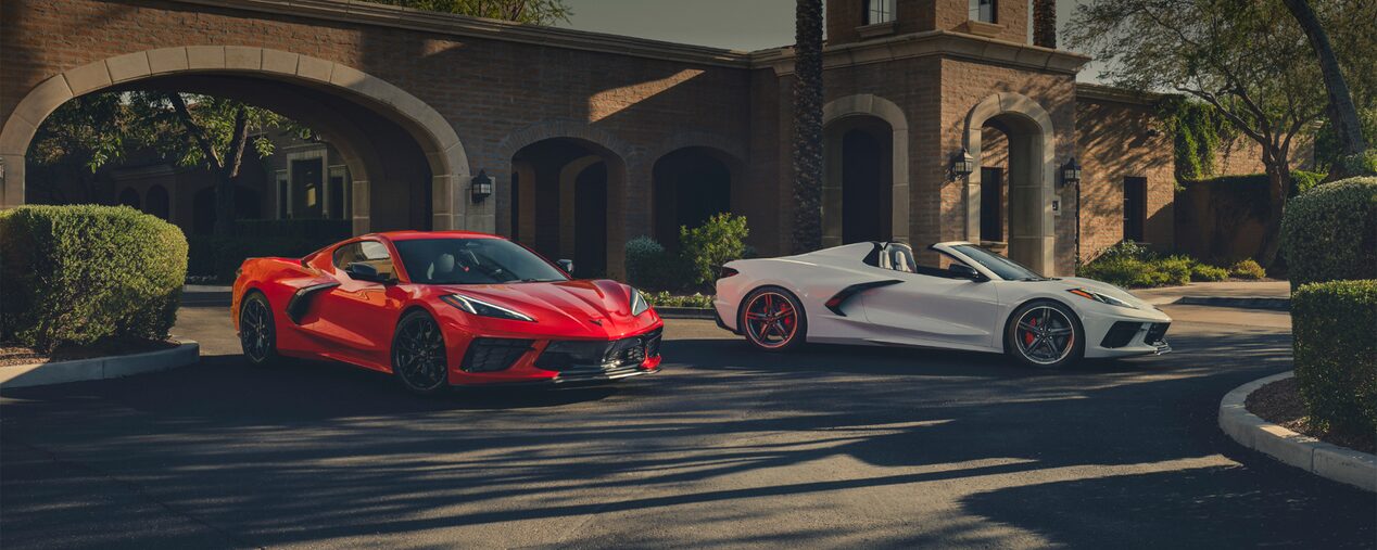 Front Side View of the 2025 Corvette Stingray in two colors