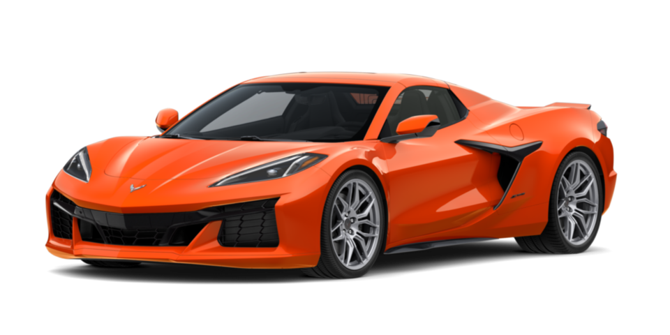 Front Three Quarters of a Orange 2025 Corvette Z06 Jellybean