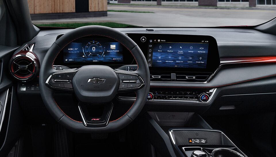 Driver’s Seat View of the Steering Wheel and Display Monitor of 2025 Chevy Equinox EV