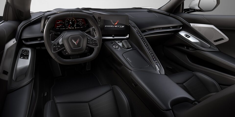 Auto deportivo de lujo Chevrolet Corvette Stingray 2025, con detalles interiores color Jet Black