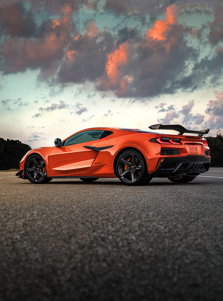 Low Three Quarters Rear View of an Orange Chevy Corvette Z06