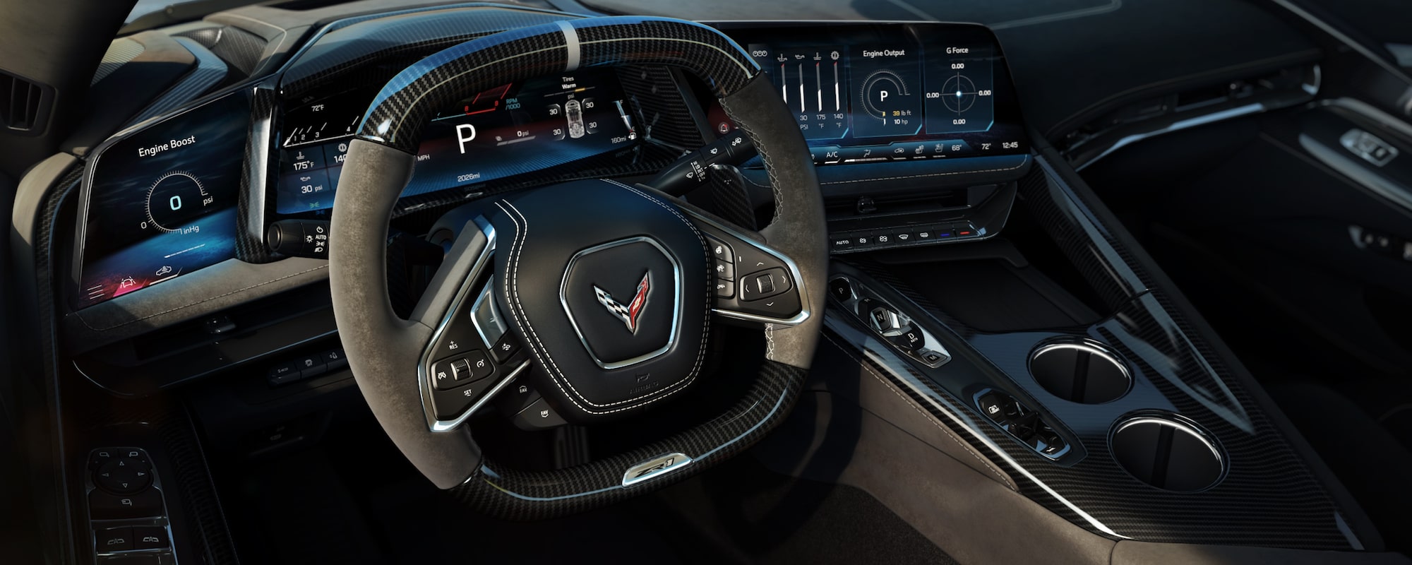 2026 Chevy Corvette ZR1 Driver's View of Steering Wheel and Infotainment Display