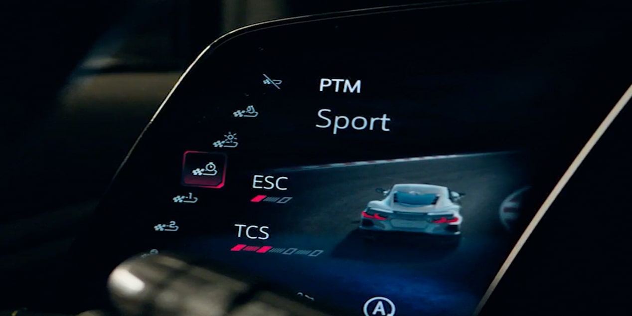 A Close‑Up of the Digital Display Inside a Chevrolet Corvette Grand Sport Shows Performance Traction Management Controls With Sport Mode Highlighted.