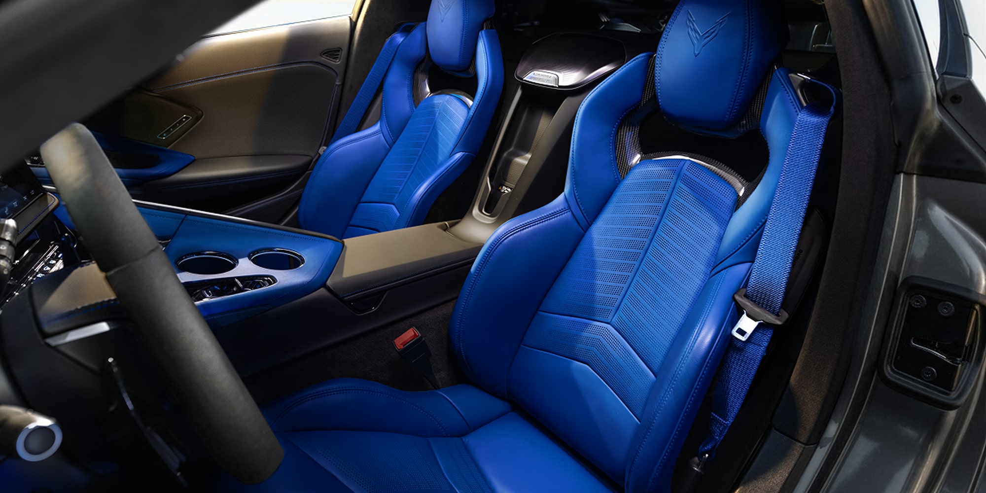 Driver Door View of the Chevy Corvette Grand Sport All Blue Front Row and Cabin