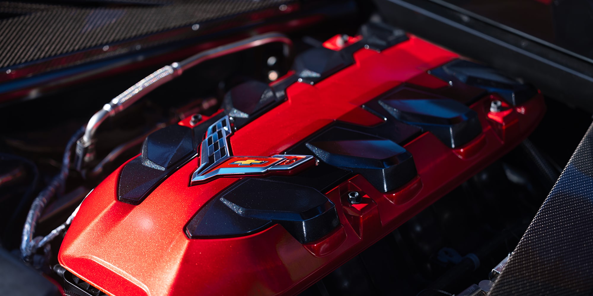 Close-up of the Chevy Corvette Grand Sport Red and Black Engine