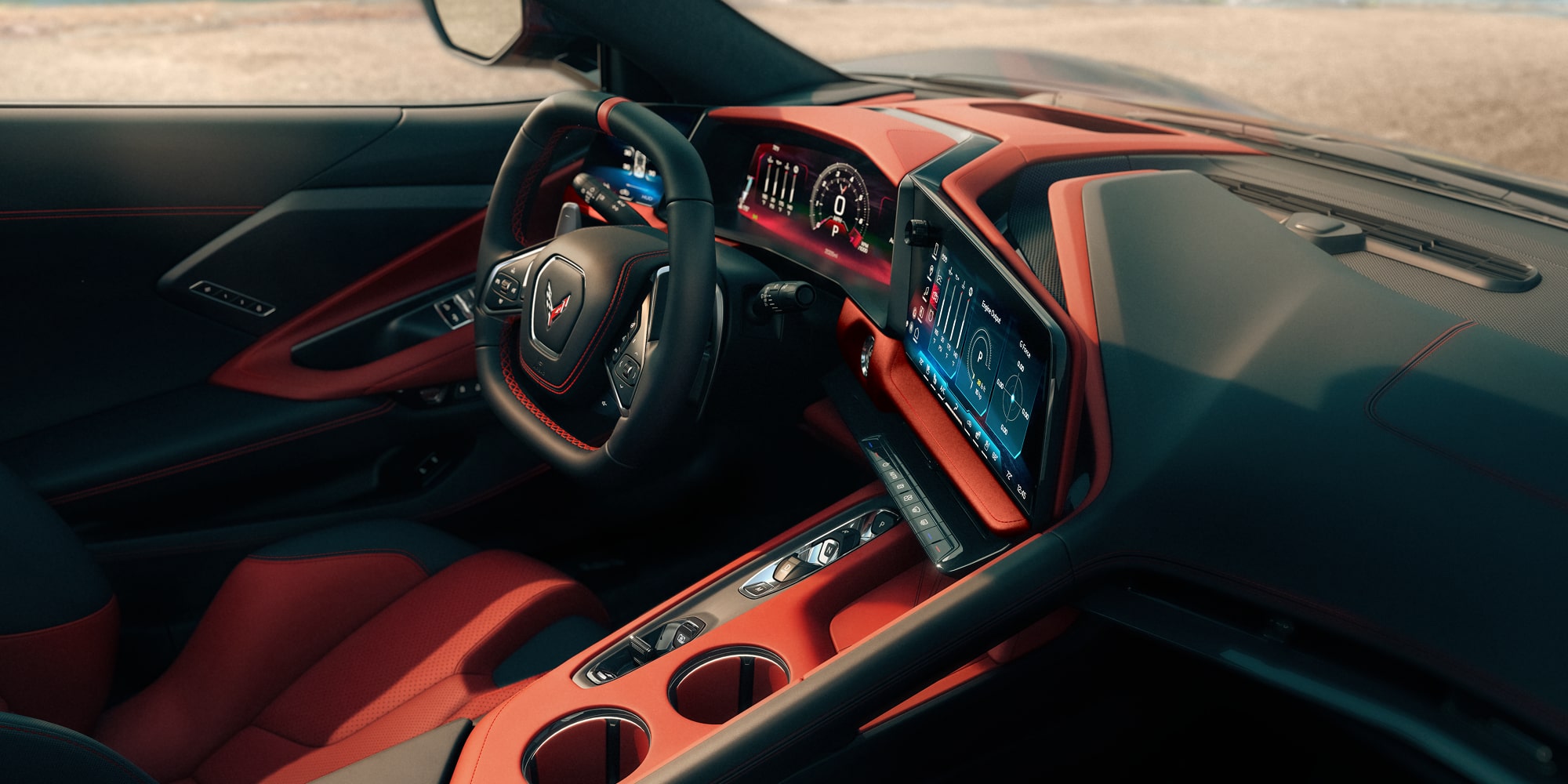 Interior del Chevy Corvette Stingray 2027 en Rojo Adrenalina Asimétrico con Negro Azabache