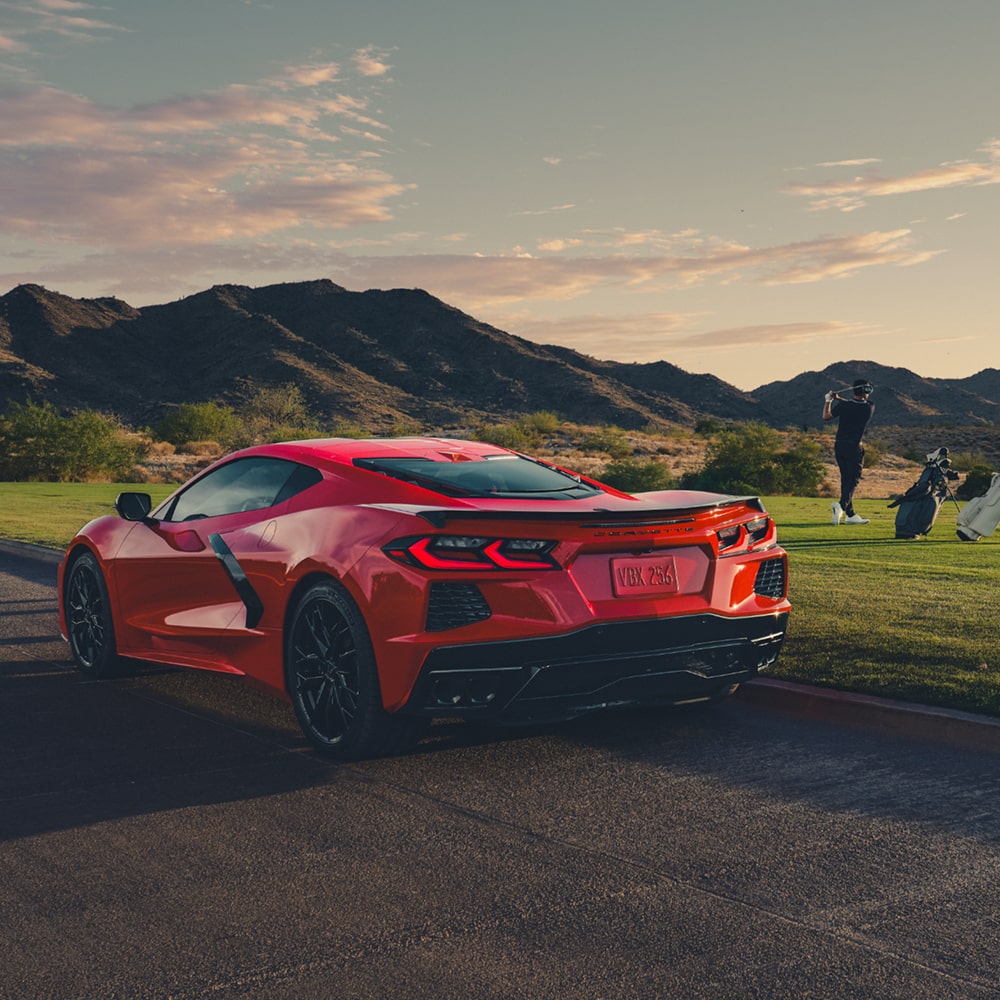 2026 Chevy Corvette Stingray Parked Next to a Driving Range