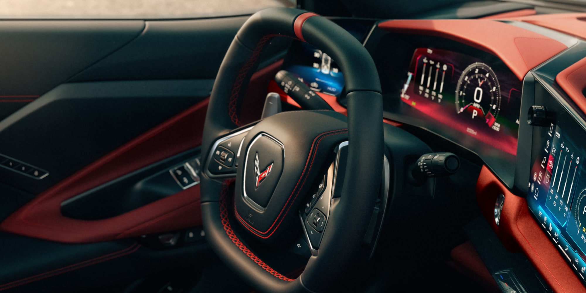 Close-up of the 2027 Chevy Corvette Stingray Flat-bottom Steering Wheel and Driver Digital Dashboard