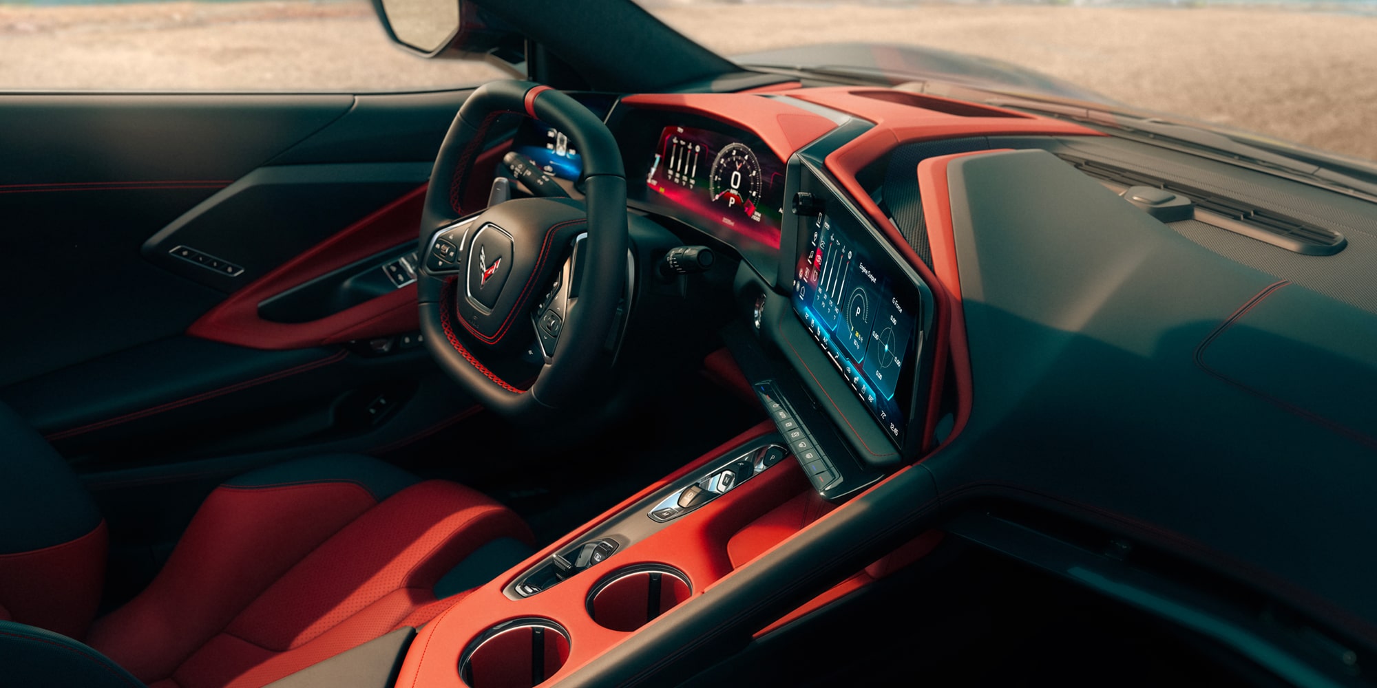 2027 Chevy Corvette Stingray Interior in Asymmetrical Adrenaline Red with Jet Black