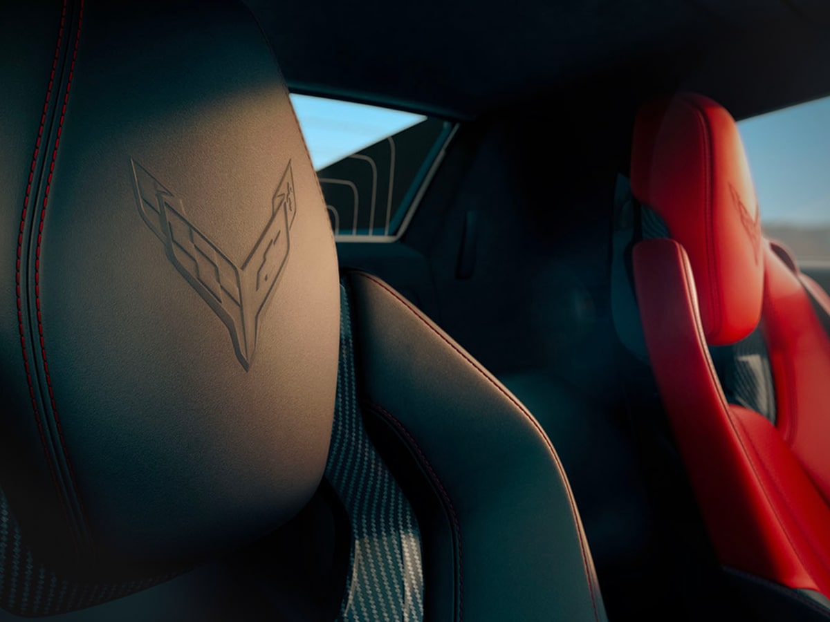 Close-up of the Corvette Emblem on the 2027 Corvette Stingray Headrest