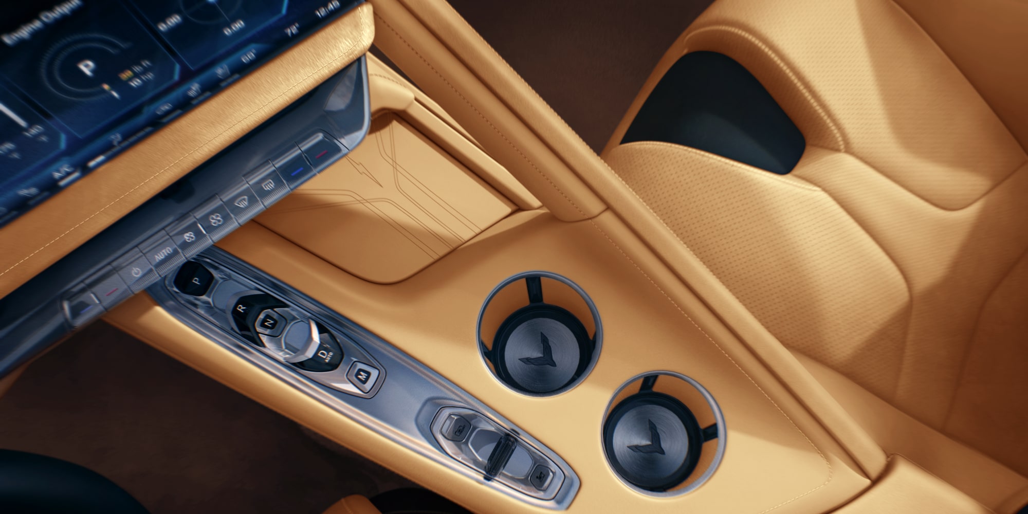 Close-up of a 2027 Chevrolet Corvette Z06 Interior Featuring a Tan Leather Center Console and Dual Cup Holders