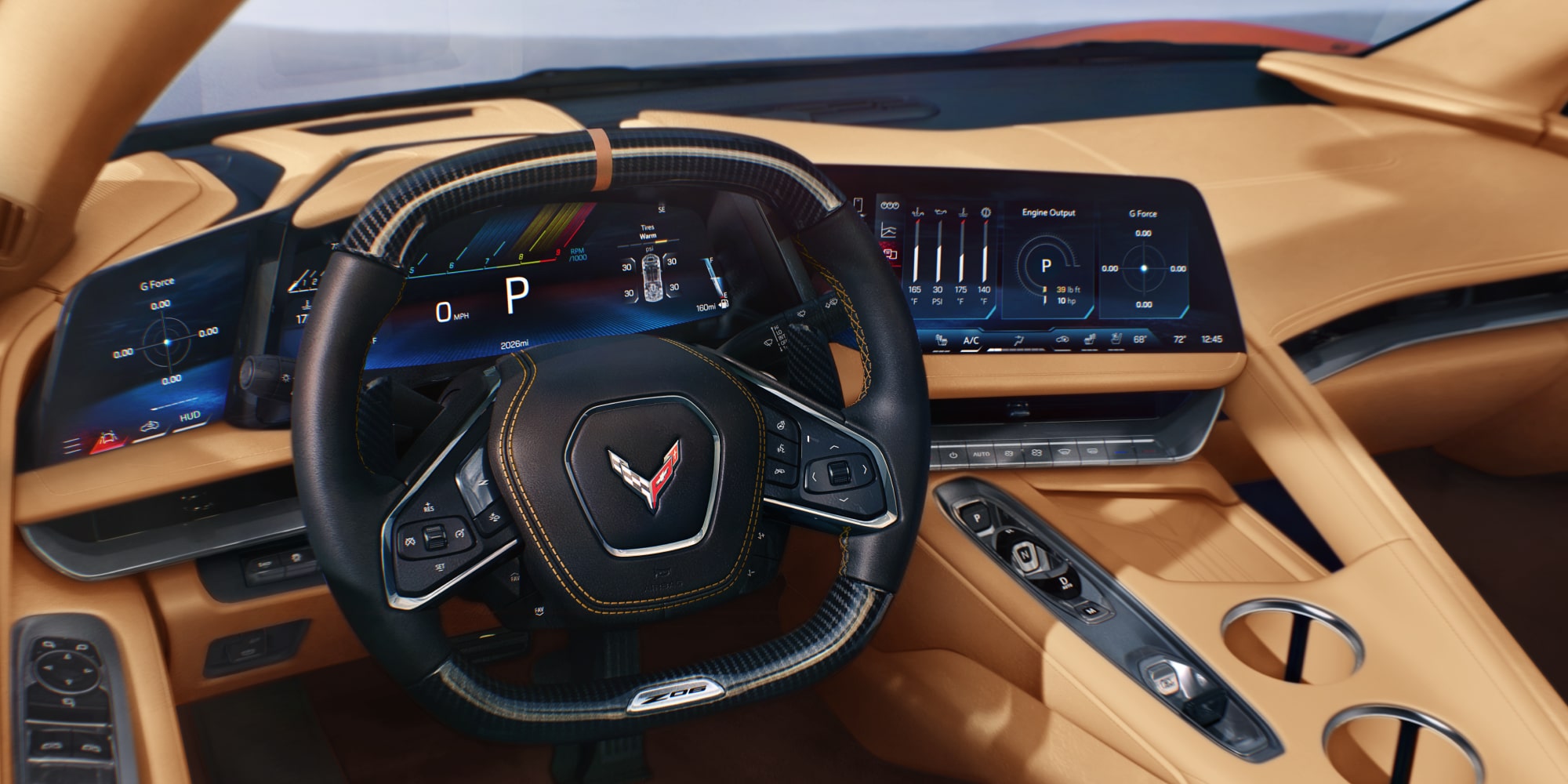 The 2027 Chevrolet Corvette Z06 Interior Cockpit Featuring the Squared Steering Wheel, Infotainment Screen, and Middle Console