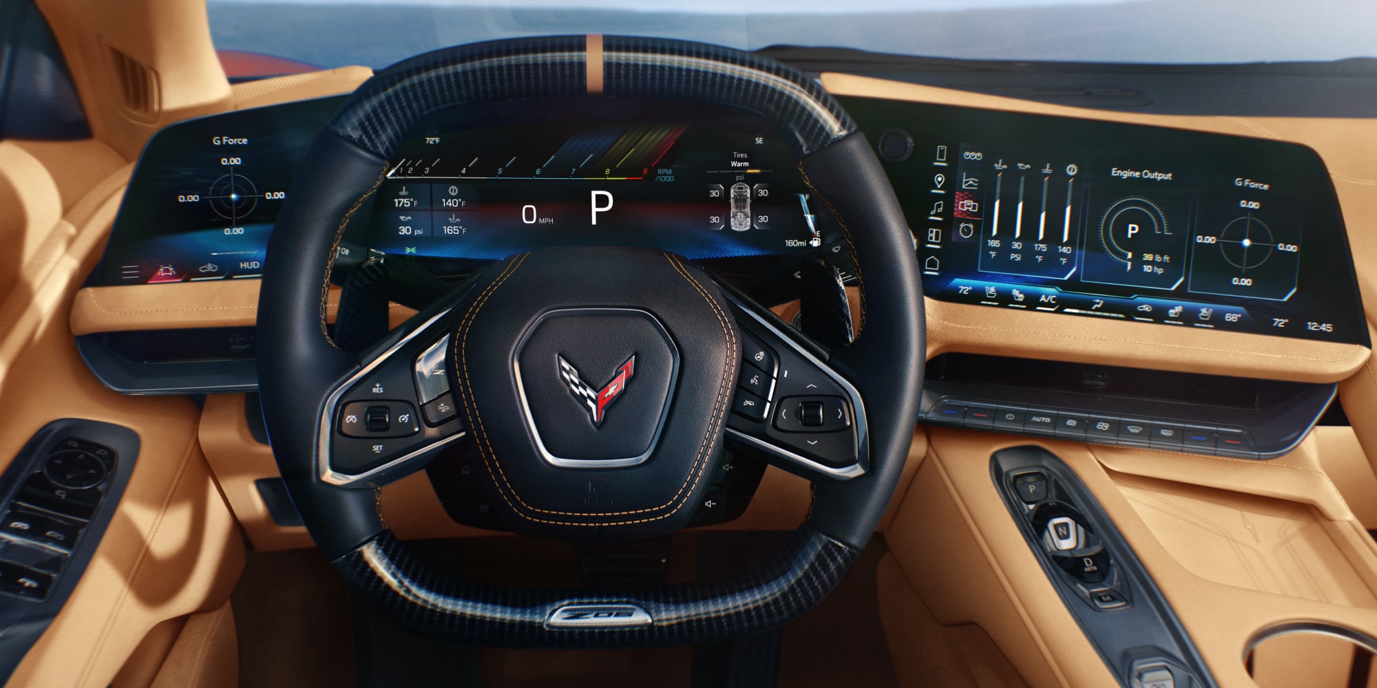 The 2027 Chevrolet Corvette Z06 Interior Cockpit Featuring the Squared Steering Wheel, Driver's Dashboard, and the Infotainment Screen
