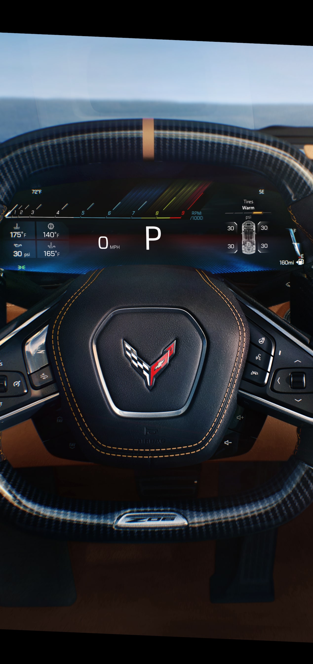 Primer plano del volante y el tablero digital del conductor de Chevrolet Corvette Z06 2027