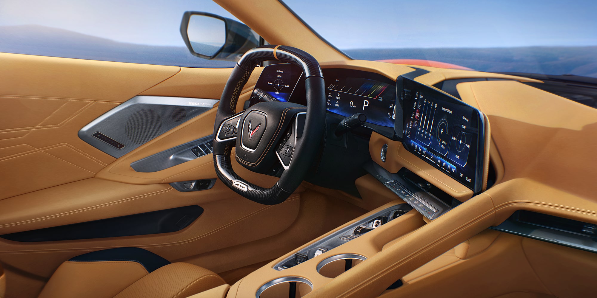 Vista del acompañante del interior del lado del conductor y el tablero en Tostado de Chevrolet Corvette Z06 2027.