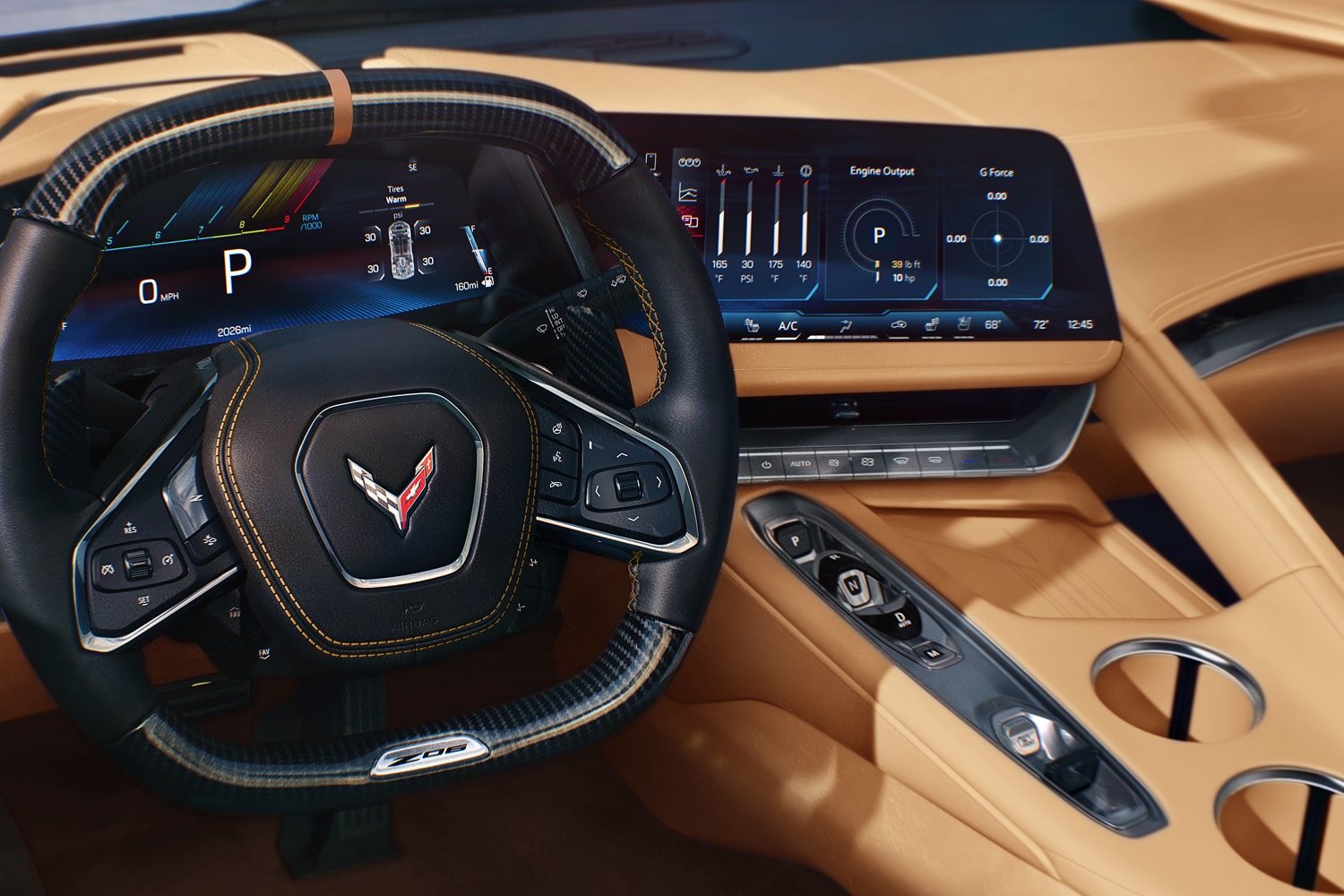 Vista del conductor del volante de Chevrolet Corvette Z06 2027.