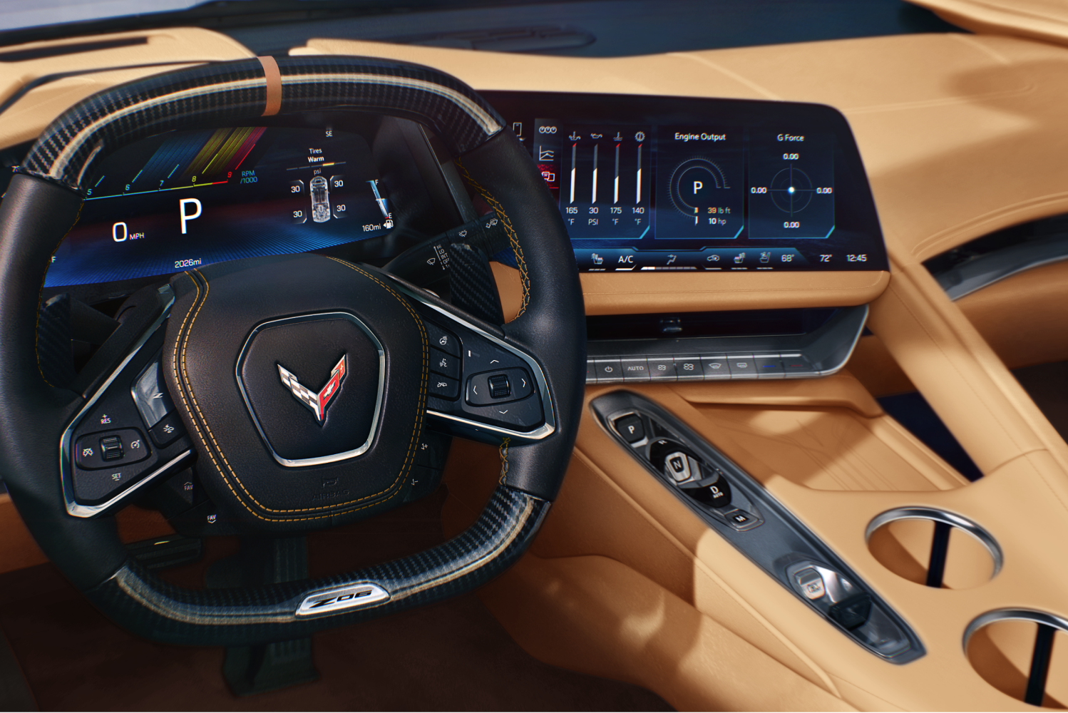 Driver's view of the steering wheel of the 2027 Chevrolet Corvette Z06.