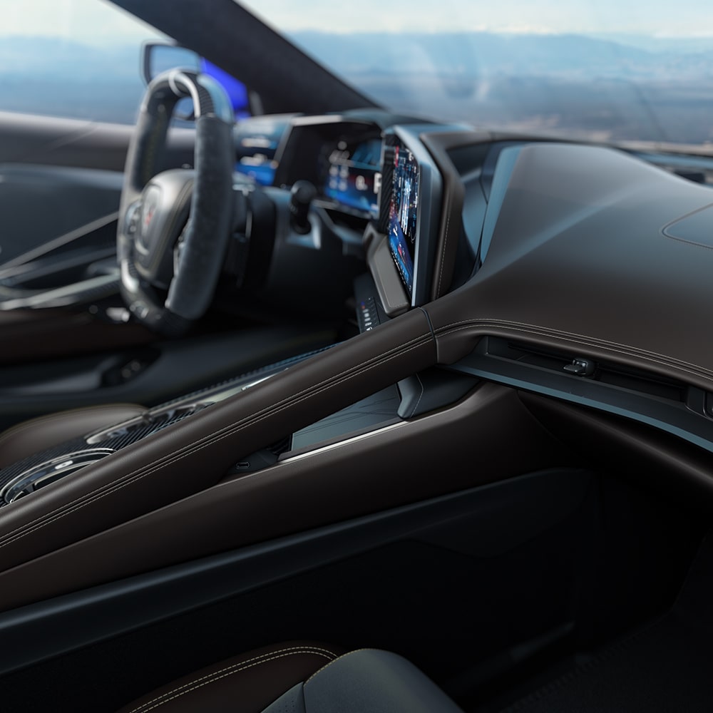 2026 Chevy Corvette ZR1 Interior in Very Dark Atmosphere with Natural Tan Accents