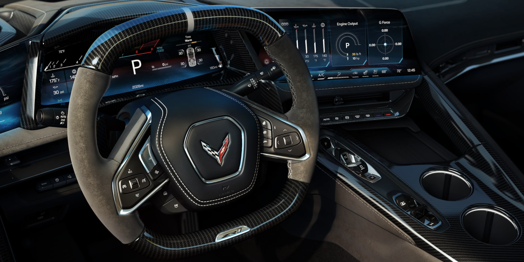 2027 Chevy Corvette ZR1 Driver's View of Steering Wheel and Infotainment Display