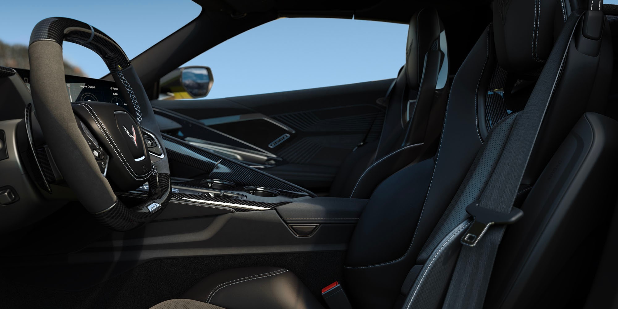 Primer plano de la pantalla digital en el interior de un Chevrolet Corvette Grand Sport, en el que se ven los controles de tracción de alto desempeño con el modo deportivo resaltado.