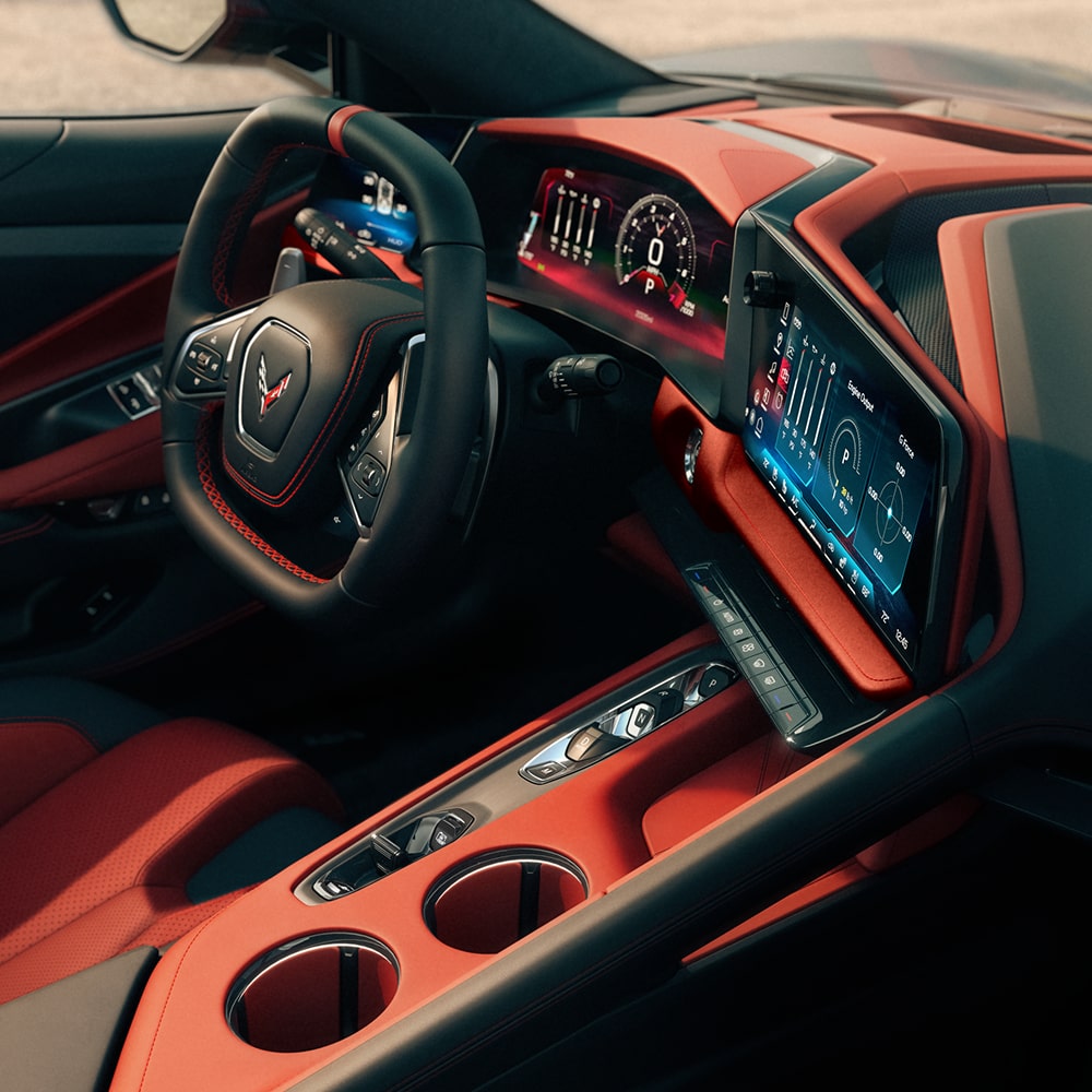 Interior de Chevy Corvette ZR1 2027 en Rojo Adrenalina Asimétrico con Negro Azabache