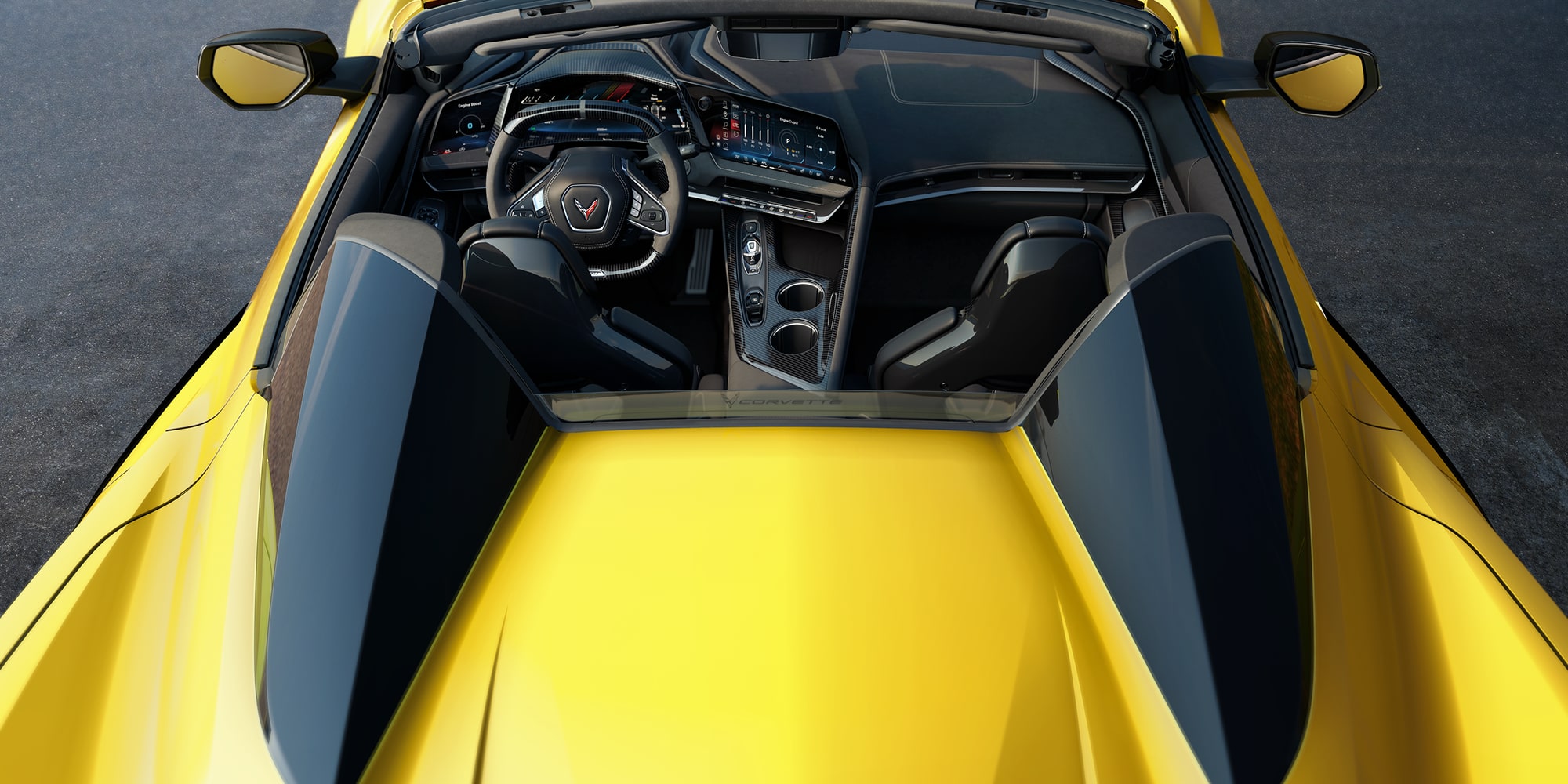 Top View of a Yellow Chevy Corvette ZR1 Convertible Showcasing the All-black Interior