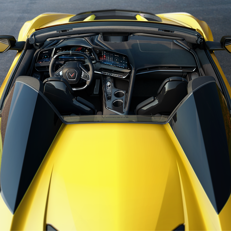Top View of a Yellow Chevy Corvette ZR1 Convertible Showcasing the All-black Interior