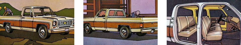 A photo from the original 1973 Chevy truck brochure showing three views of a red and white C/K Series pickup: one from the passenger side, one from the driver side, and one without the doors showing the interior.