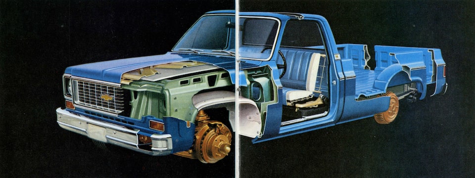 A photo from the original 1973 Chevy truck brochure showing a blue pickup with cutaways to reveal different features of the truck.
