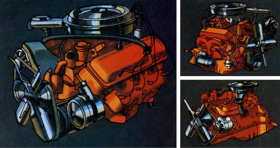 A photo from the original 1973 Chevy truck brochure showing three different views of one of the engines.
