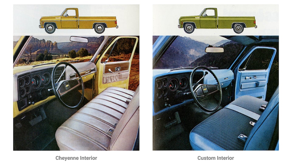 A photo from the original 1973 Chevy truck brochure showing two interior options for the C/K Series pickup. One is labeled Cheyenne Super Interior and shows a blue bench seat and a black instrument panel. The other is labeled Custom Deluxe Interior and shows a brown bench seat and brown instrument panel.