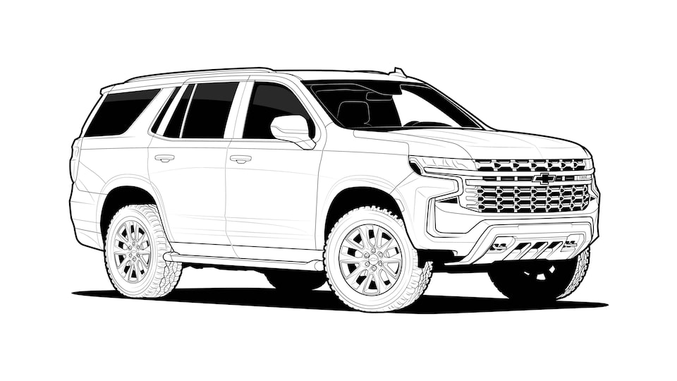 A black and white illustration of a 2021 Chevy Tahoe from the side, with four green “hotspots” to click on for more information.