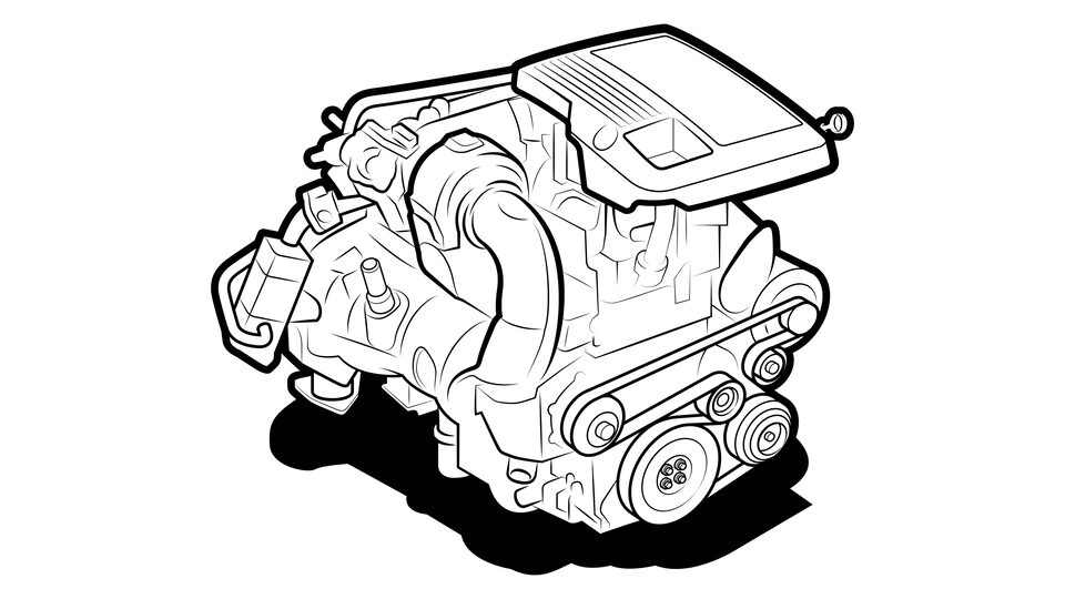 A black and white illustration of an engine.