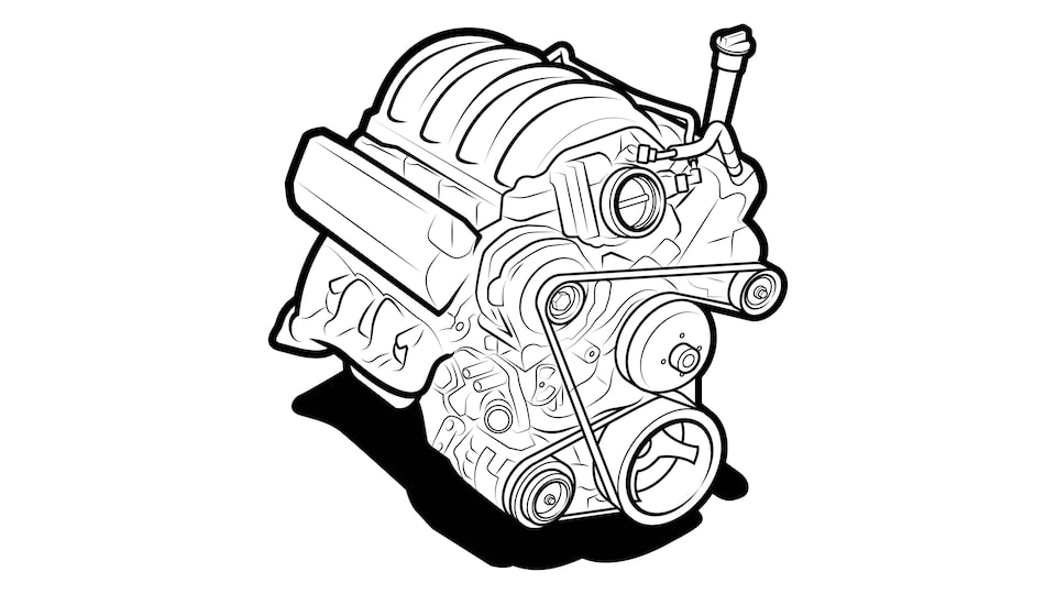 A black and white illustration of an engine.