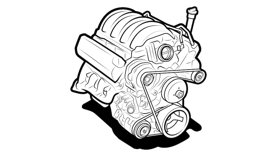 A black and white illustration of an engine.