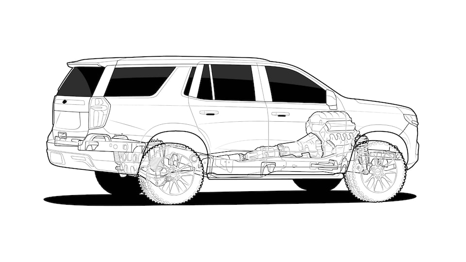 A black and white illustration of a 2021 Tahoe with an “x-ray” view of the frame, drivetrain, and suspension.