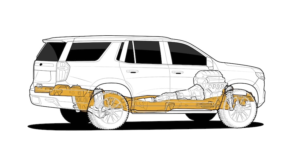 A black and white illustration of a 2021 Tahoe with an “x-ray” view of the frame, drivetrain, and suspension. One component is colored gold.