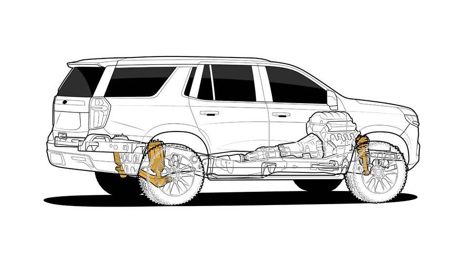 A black and white illustration of a 2021 Tahoe with an “x-ray” view of the frame, drivetrain, and suspension. The component featured in the text is colored gold.