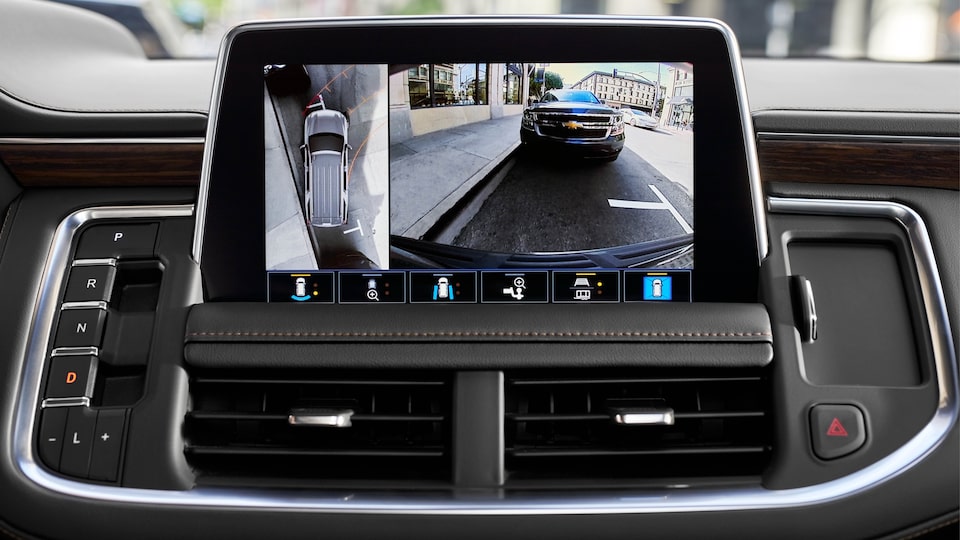 The touch-screen on the dashboard of a 2021 Chevy Tahoe showing the Surround Vision feature.
