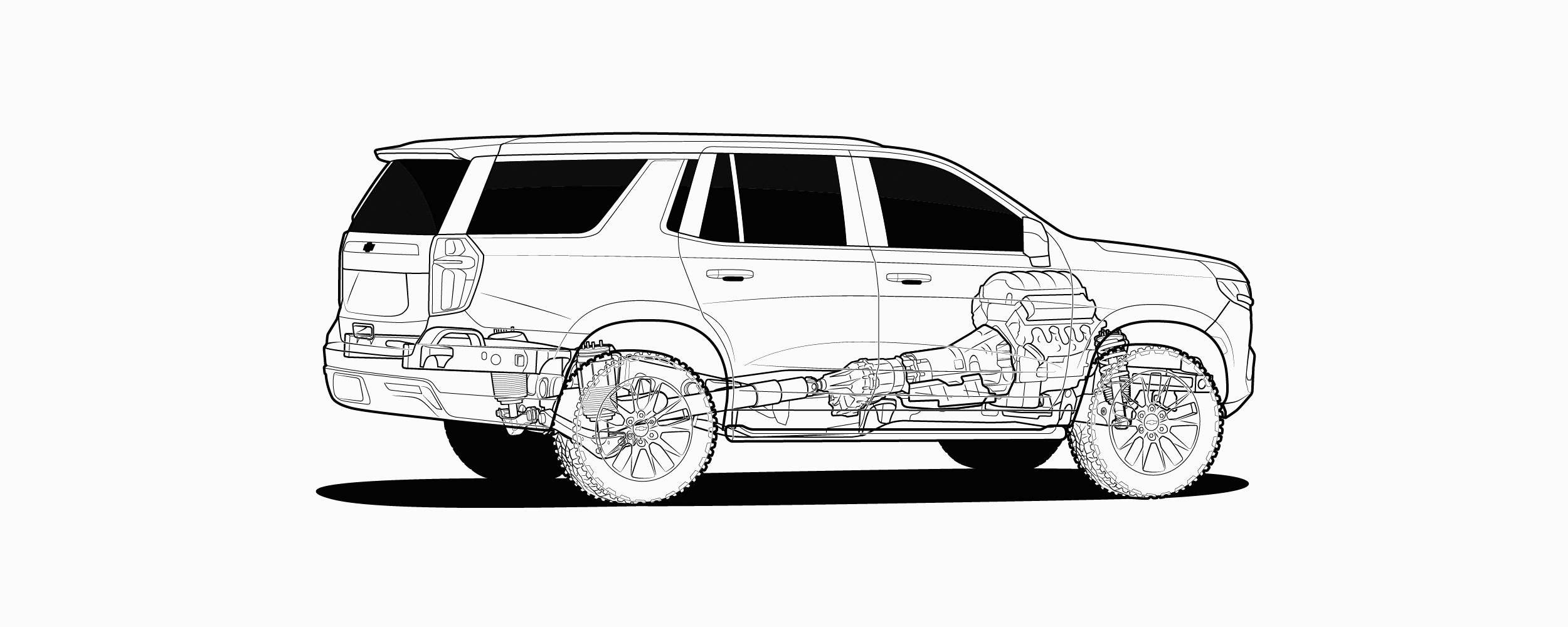 An animated gif illustration of a 2021 Tahoe frame, suspension, and drivetrain expanding out into all of their separate components.