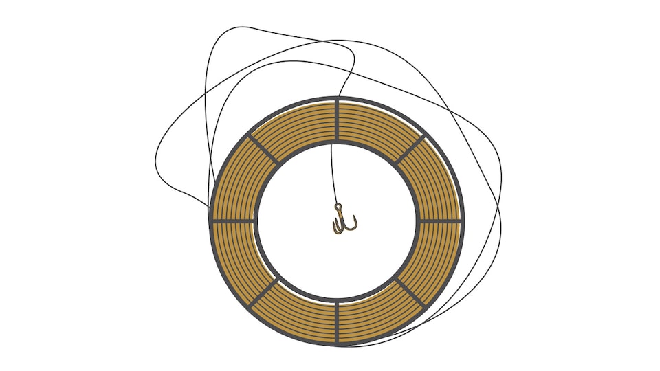 An illustration of a fishing reel and line.